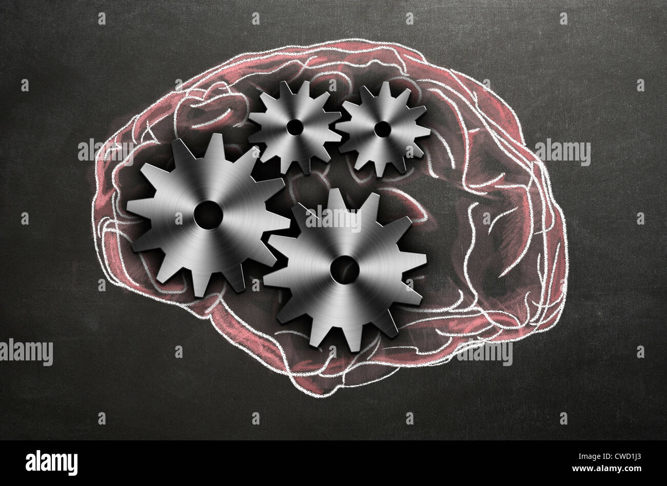 Chalk Abbildung des menschlichen Gehirns mit Zahnräder und Getriebe, die die innere Funktionsweise. Konzept Bild Stockfoto