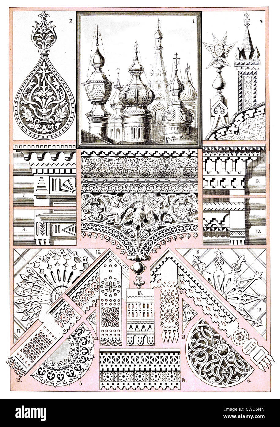 Russische architektonische Ornamente und Holzschnitzerei Stockfoto
