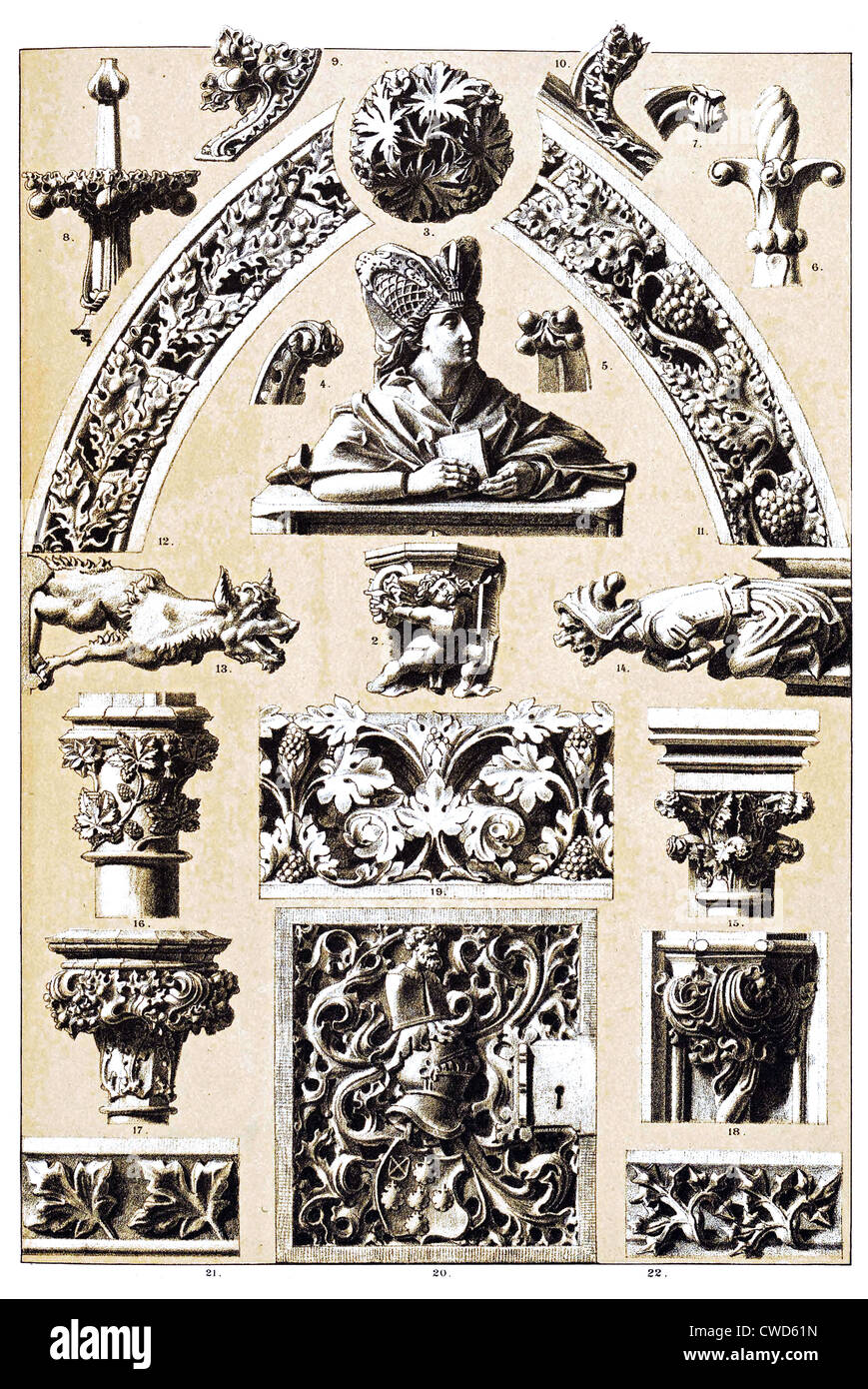 Skulptur der gotischen Architektur und Ornamentik Stockfoto
