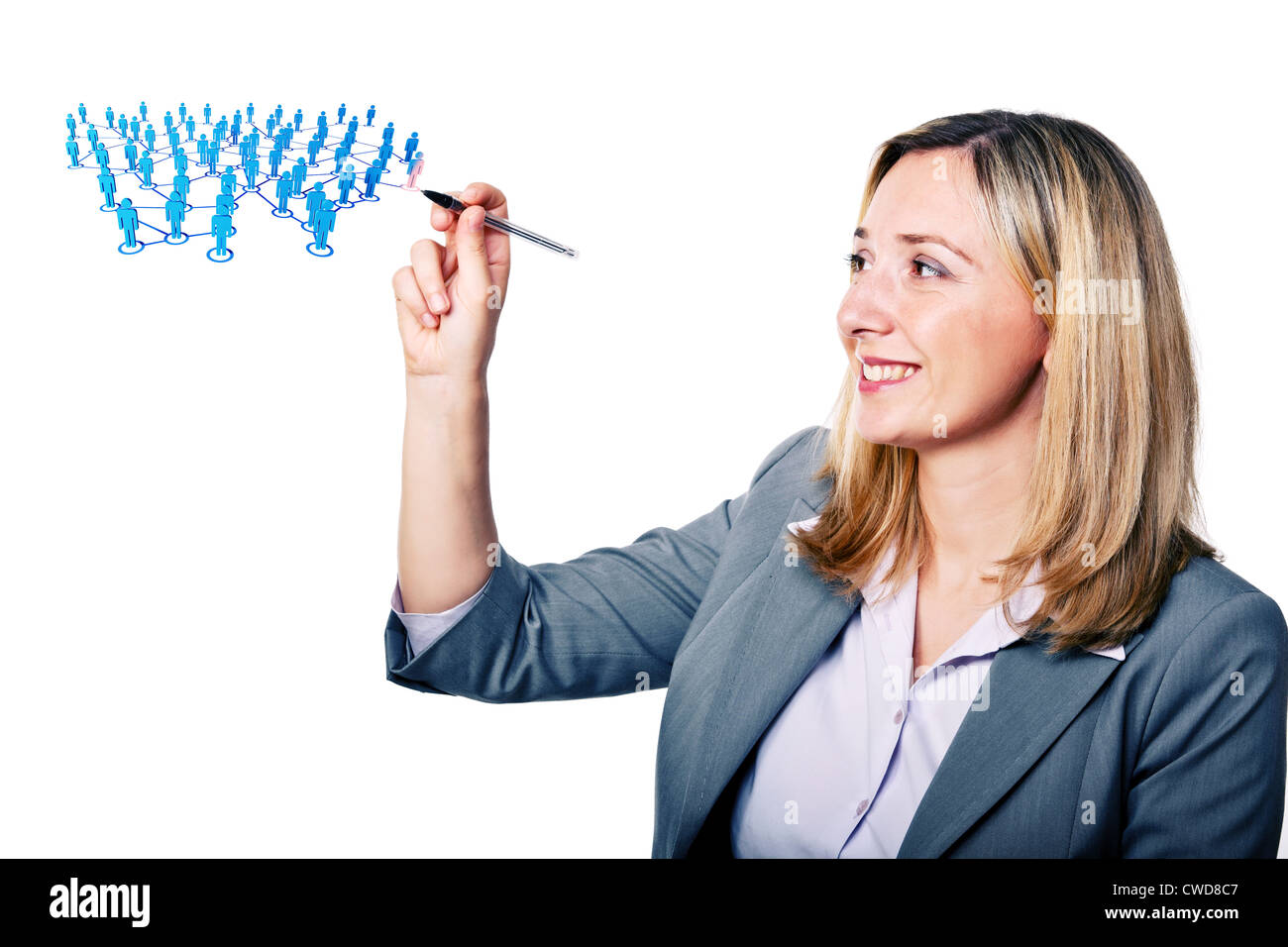 lächelnde Frau mit Stift und 3d community Stockfoto