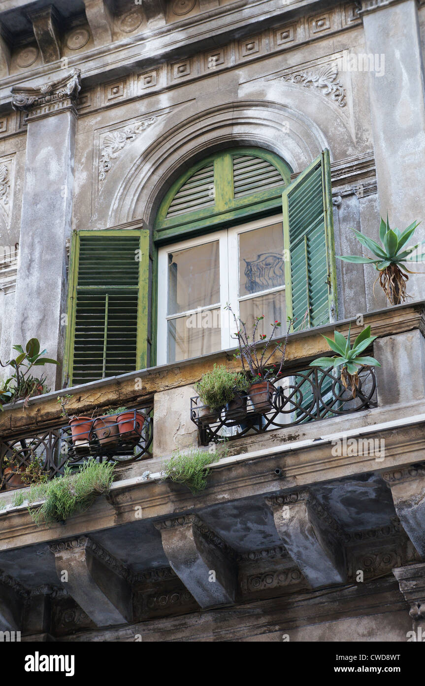 Grünen Balkon mit Blumen in einem historischen Gebäude Stockfoto