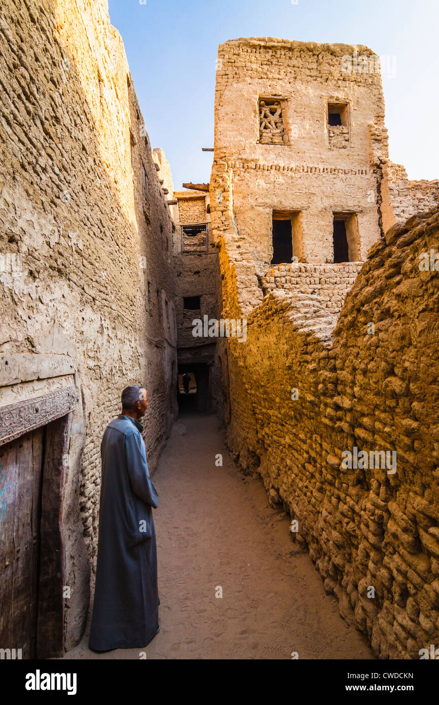 Eine Wache, die in den Ruinen von Al-Qasr, Dakhla Oasis, Ägypten Stockfoto