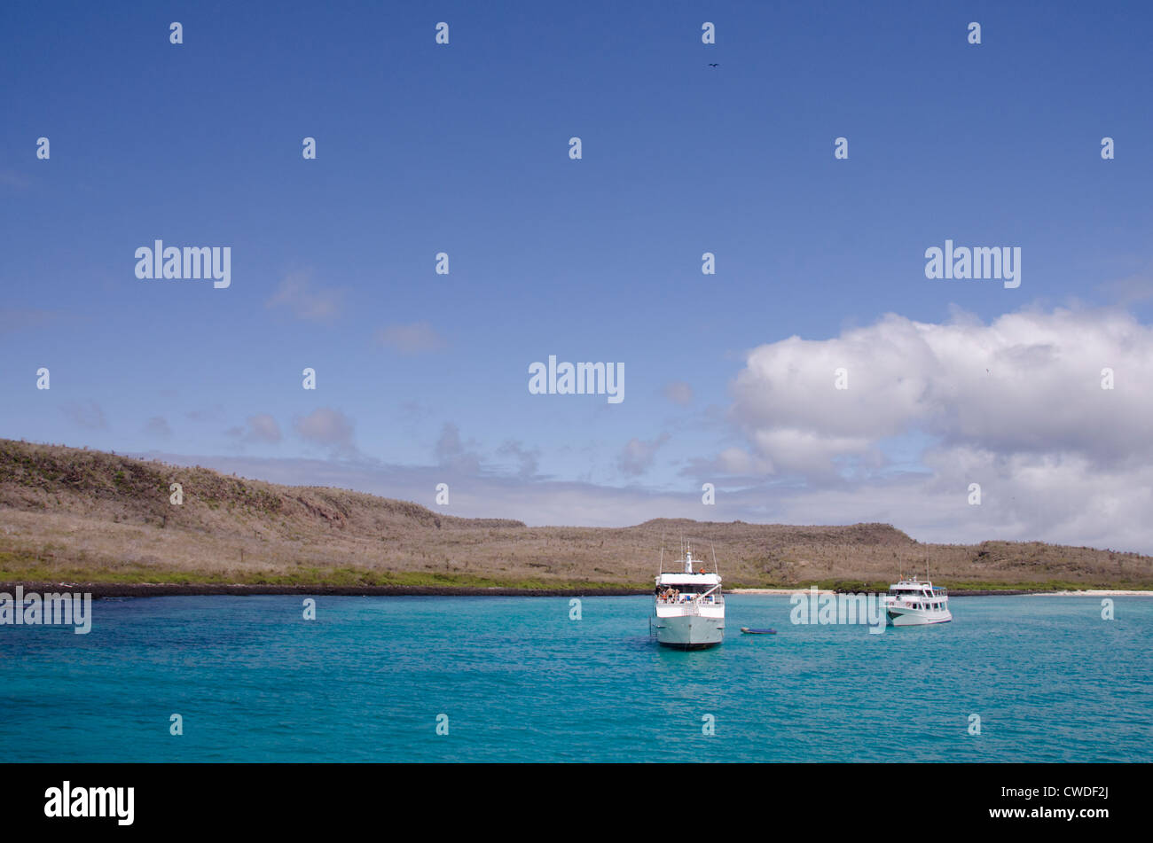 Ecuador, Galapagos, Santa Fe, Barrington Bucht. Kristallklare Bucht mit touristische Yacht entlang der Küste der Insel Santa Fe. Stockfoto