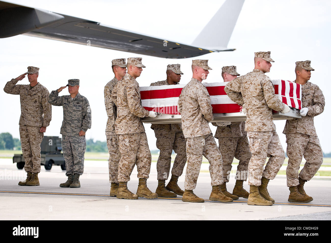 Ein US-Army tragen Team Transfers die Überreste eines gefallenen Soldaten 4. Juli 2011 auf der Dover Air Force Base, Delaware. Stockfoto