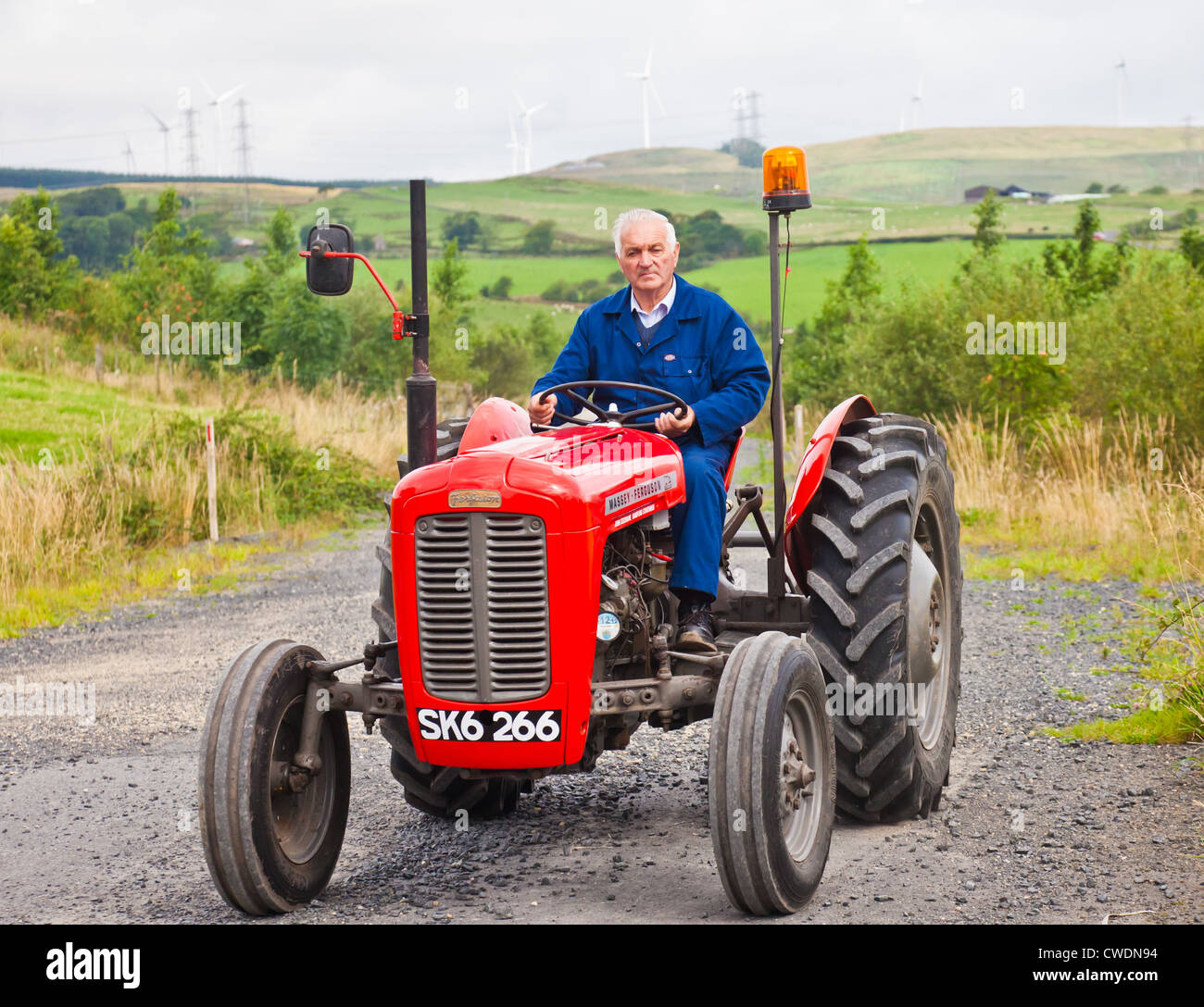 Enthusiasten, die einen roten Oldtimer Massey Ferguson FE35 Traktor zu fahren, während ein Ayrshire Oldtimer Traktor und Maschine Club Straße laufen. Stockfoto