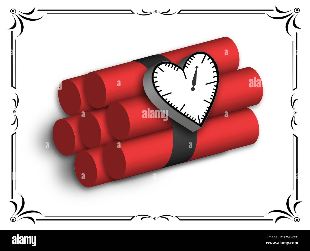 Bunte Vektor-Illustration von Dynamit im Bundle mit herzförmigen Ticken einer Uhr, bis die Gefahr an einem Herzinfarkt. Stockfoto