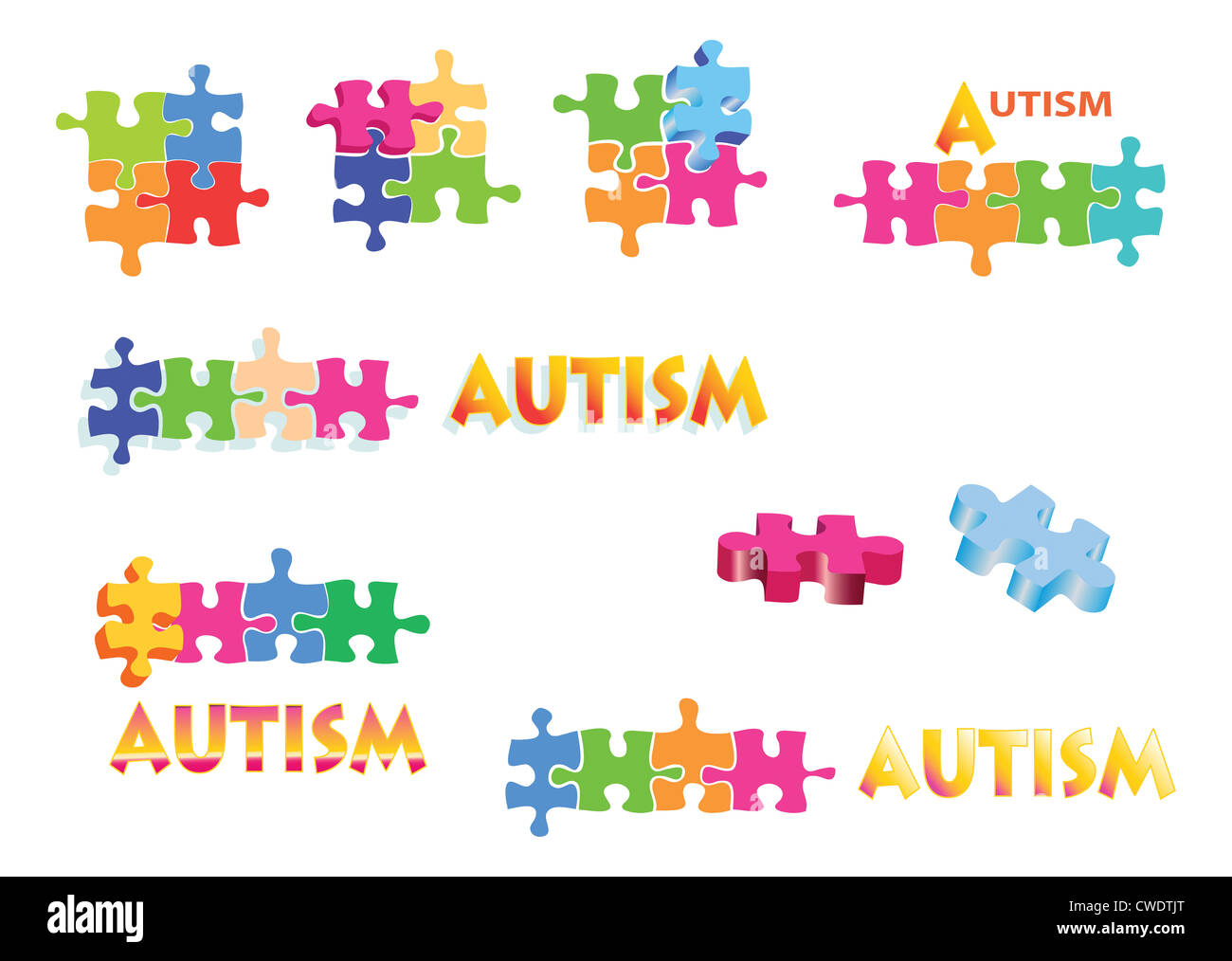 Ganze Seite mit hellen Puzzleteile und Titel zur Illustration von Artikeln auf Autismus-Spektrum-Störungen. Stockfoto