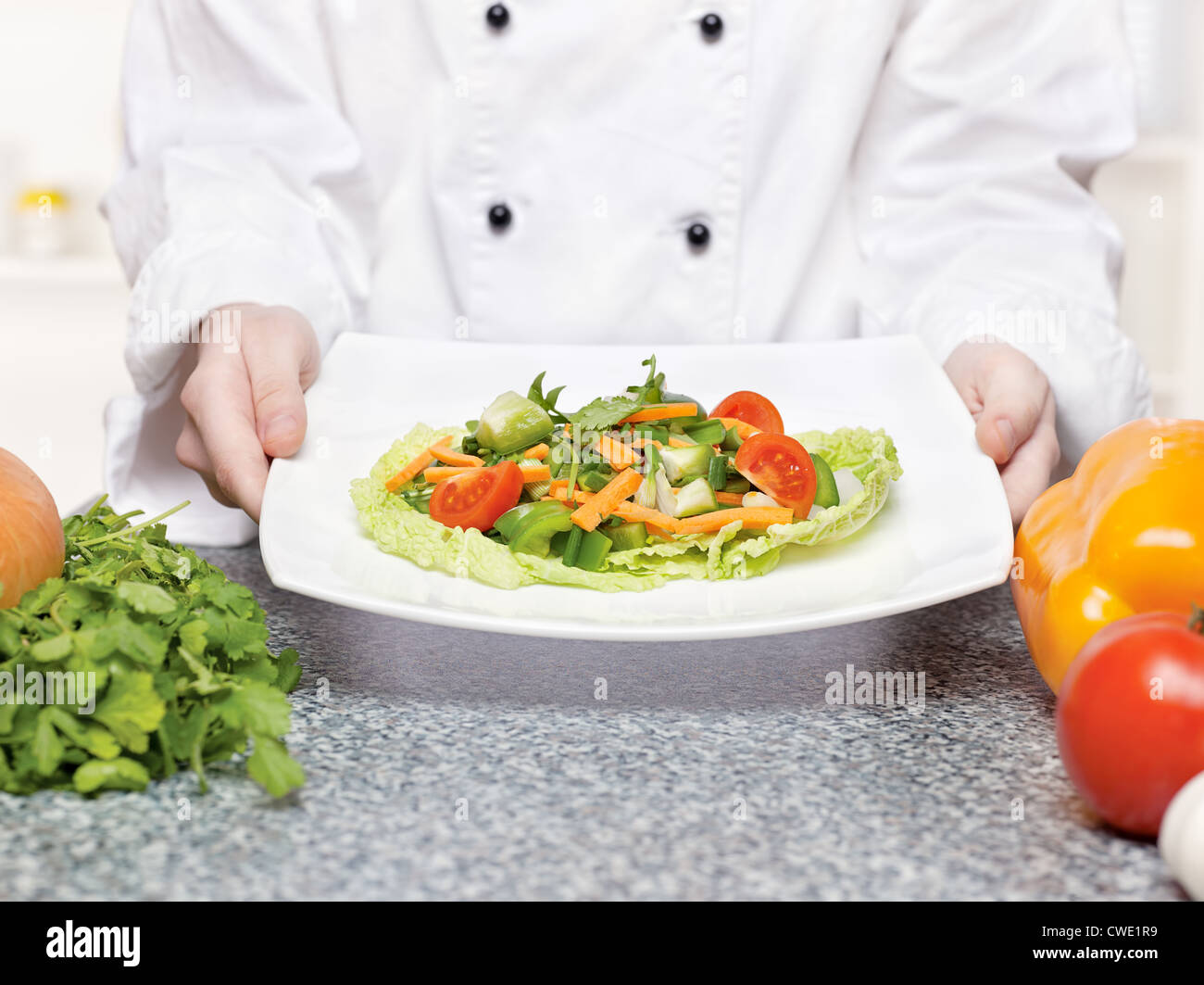 Koch hält Salat essen auf Teller Stockfoto