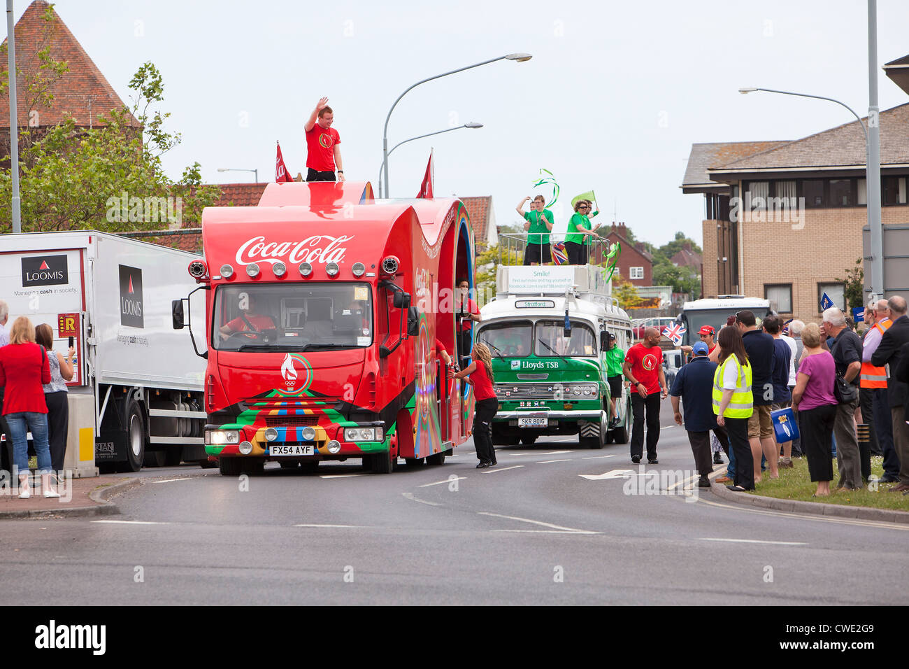 London 2012 Olympische Sponsor Coca Cola Float in Fackel-Relais-Prozession Stockfoto