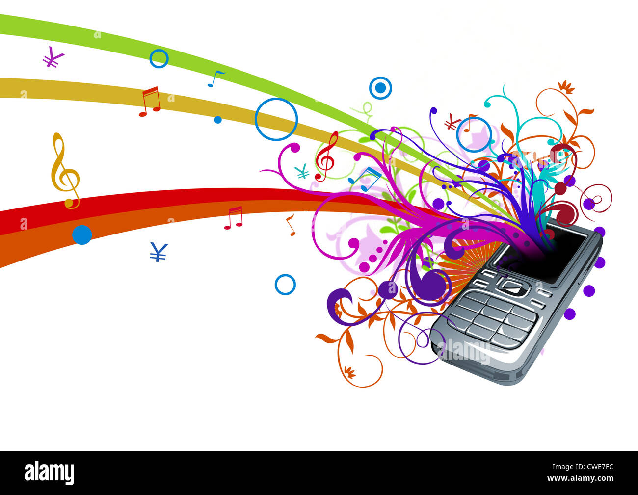 Mobiltelefon mit musikalischen Symbolen Stockfoto