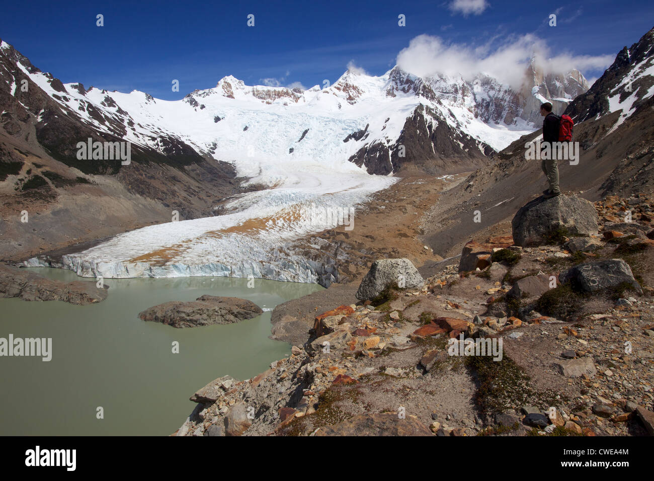 Ein Trekker anzeigen Laguna Torre Grande Gletscher, Cerro Torre, Gletscher-Nationalpark, El Chalten, Patagonien, Argentinien Stockfoto