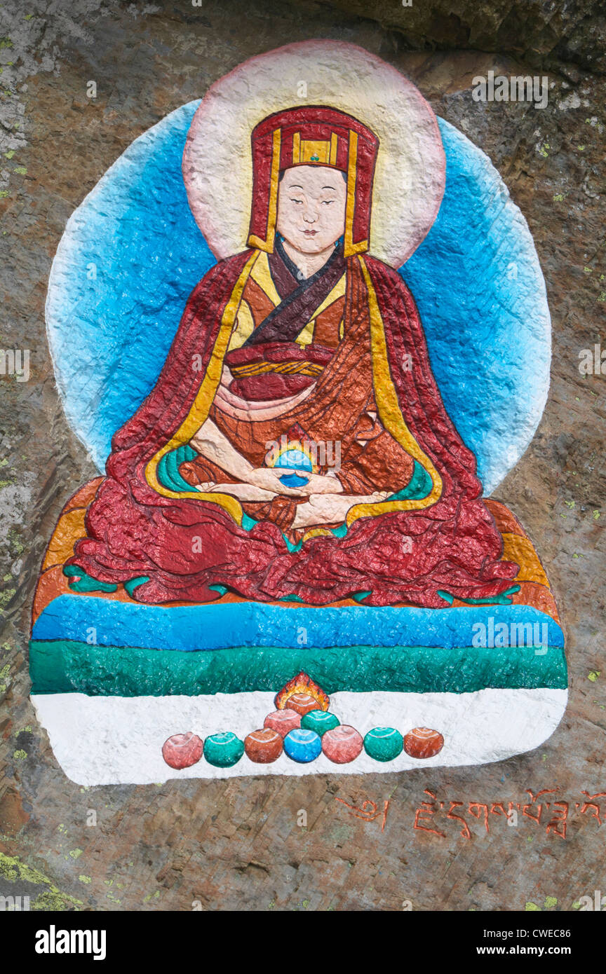 Tibetisch-buddhistische Gemälde von Gampopa auf Holy Island, Isle of Arran, North Ayrshire, Schottland, Großbritannien. Stockfoto