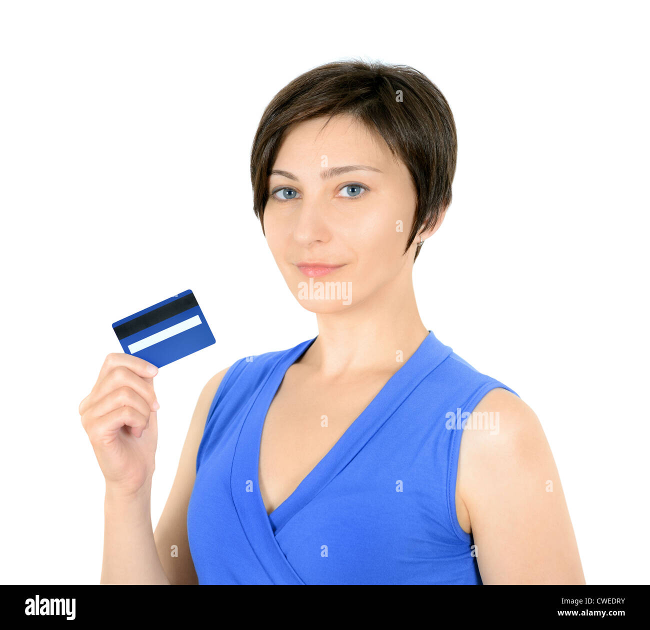 Hübsche junge Frau mit Kreditkarte. Isoliert auf weiss. Stockfoto