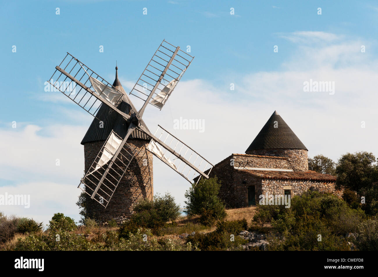 Eine restaurierte Windmühle in der Nähe von Faugères im Naturpark Haut-Languedoc, Frankreich. Stockfoto