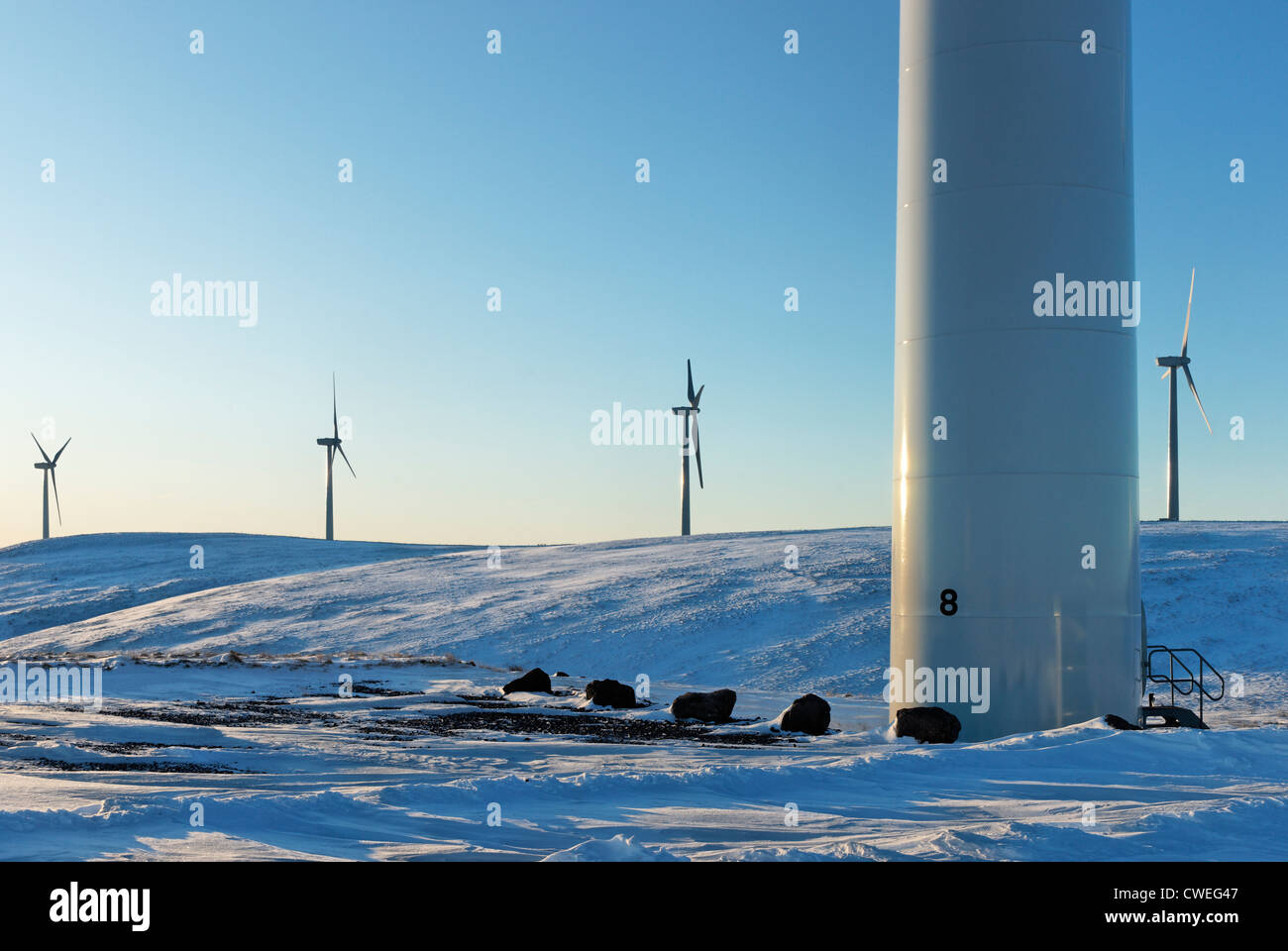 Grün kan Windfarm in die Ochil Hills, Perth und Kinross, Schottland, Großbritannien. Stockfoto