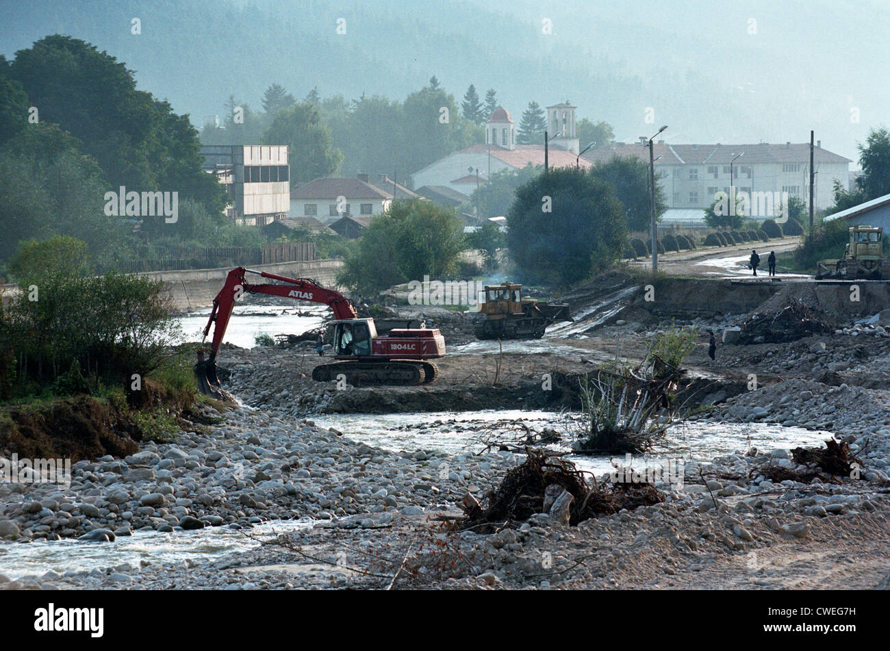 Umstrukturierung eines Flussbettes nach einer Überschwemmung, Bulgarien Stockfoto