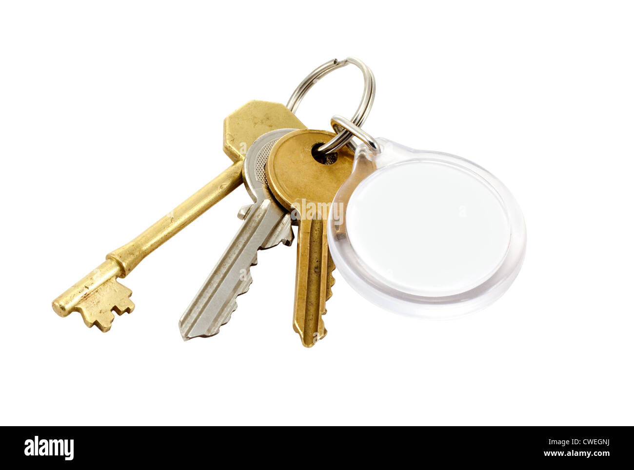 verwendete Schlüssel am Schlüsselring mit leeren runden Schlüssel Tab für eigene Kopie oder logo Stockfoto