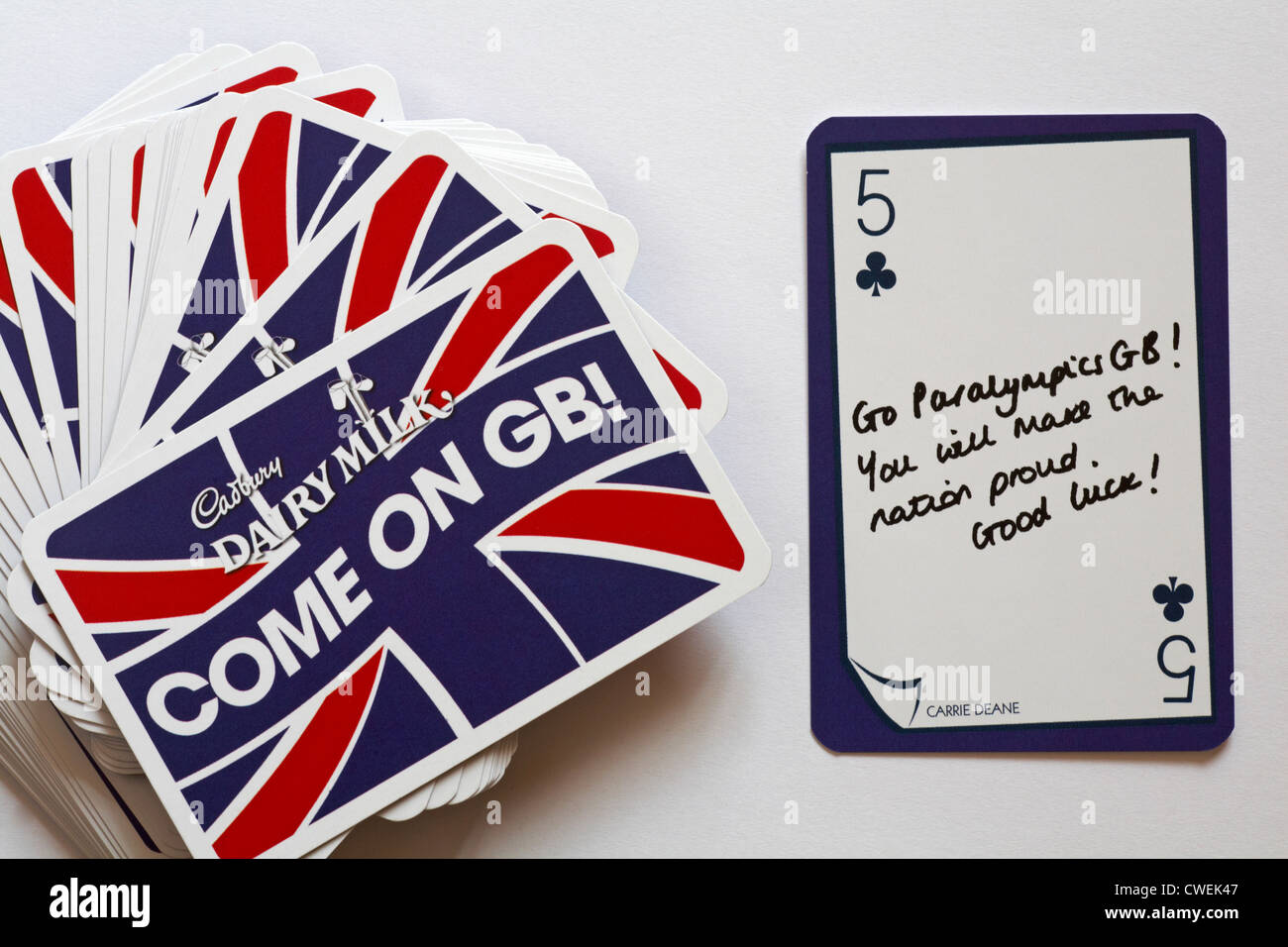 GB-Spielkarten mit einzelnen Zitaten - 5 Clubs gehen Paralympics GB machen Sie die Nation stolz Glück Komm Stockfoto