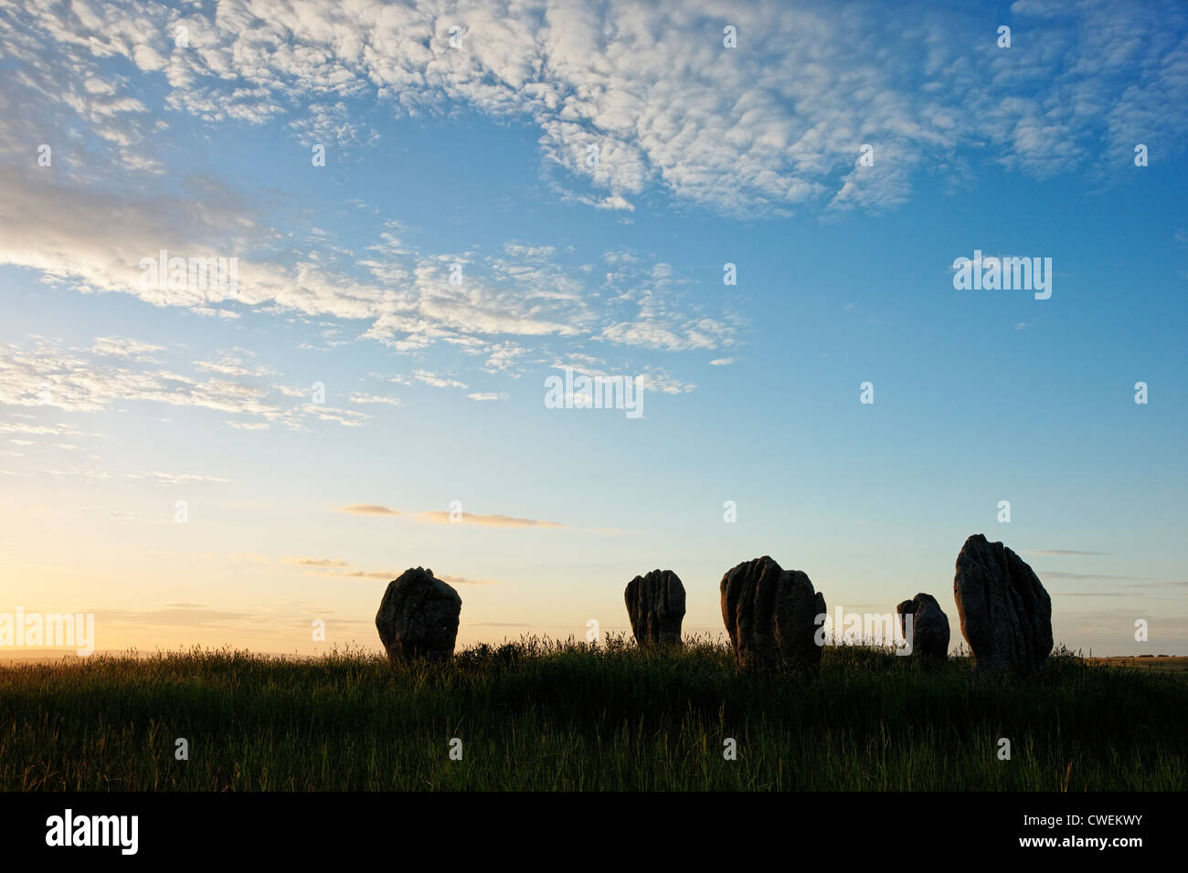 Duddo Stone Circle, Northumberland, England, Vereinigtes Königreich. Bei Sonnenuntergang. Auch bekannt als Duddo fünf Steinen oder vier Steinen Stockfoto