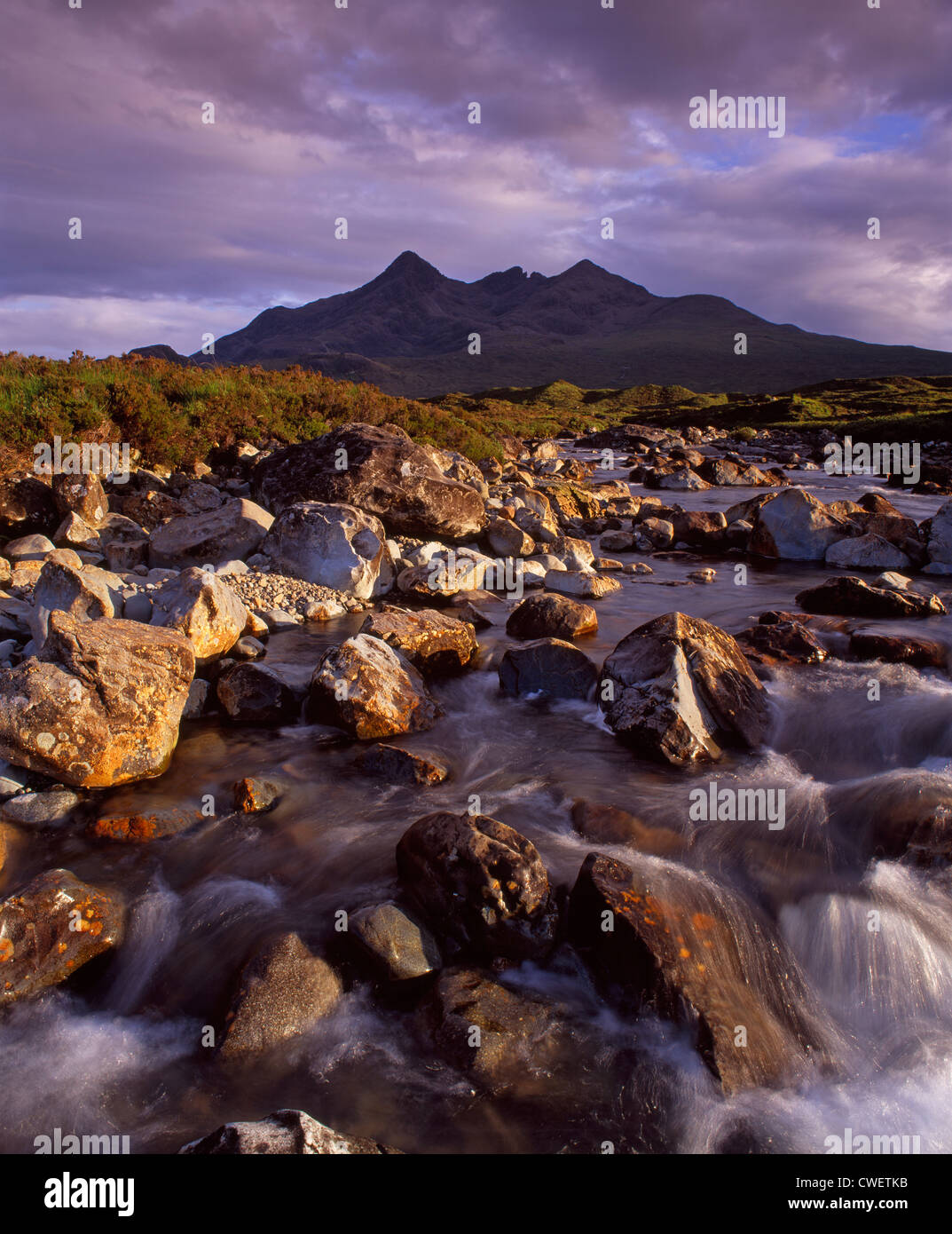 Die schwarzen Cuillin, Isle Of Skye, Schottland, Großbritannien.  Von Sligachan.  Skyline von L-R - Sgurr Nan Gillean, Am Basteir, Sgurr ein Bhasteir Stockfoto