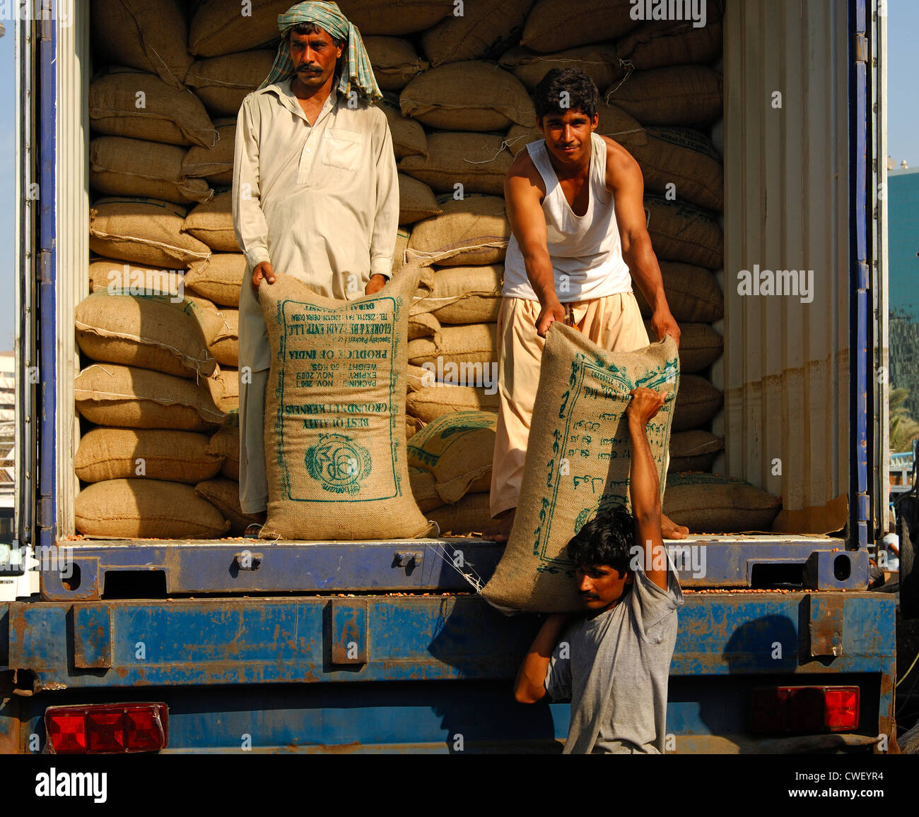 Hafenarbeiter, die Entladung einer Belastung von Erdnuss Kernel Taschen aus Indien im Hafen von Dubai, Vereinigte Arabische Emirate Stockfoto