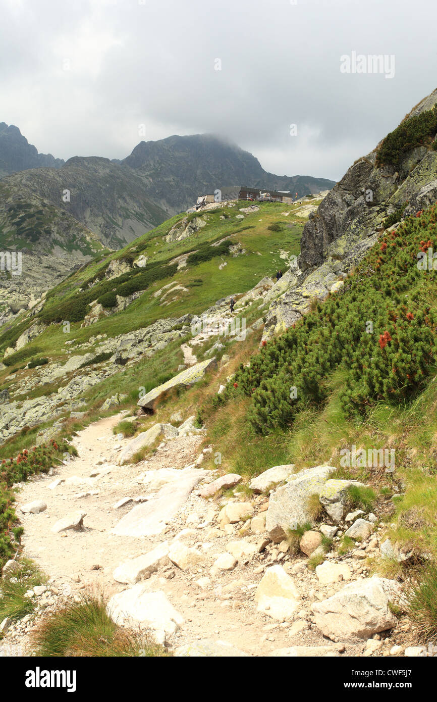 Der Wanderweg führt zu den Mountain Chalet Zbojnicka Chata, hohe Tatra, Slowakei. Stockfoto