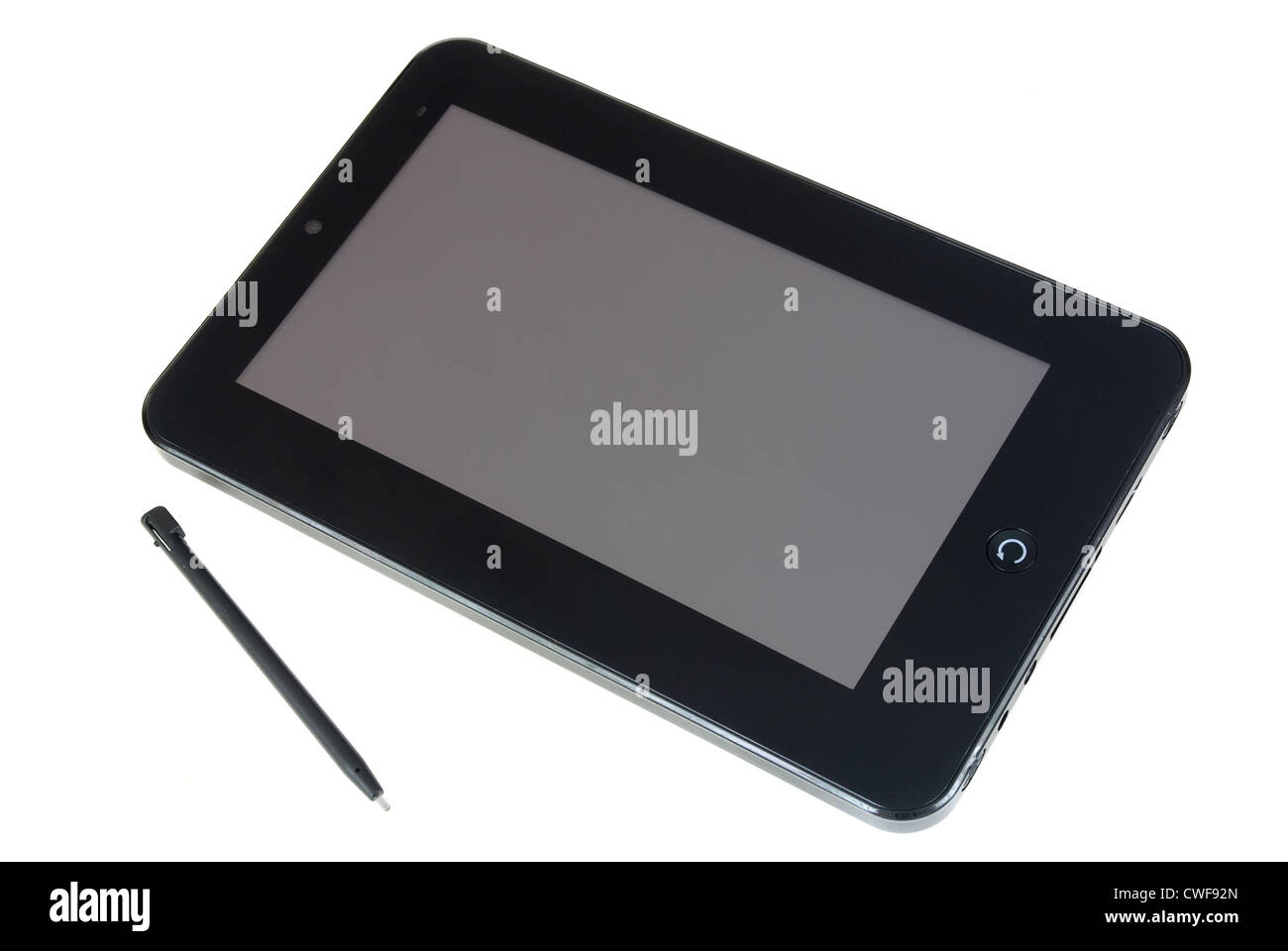 Tablet mit Stylus auf weißem Hintergrund Stockfoto