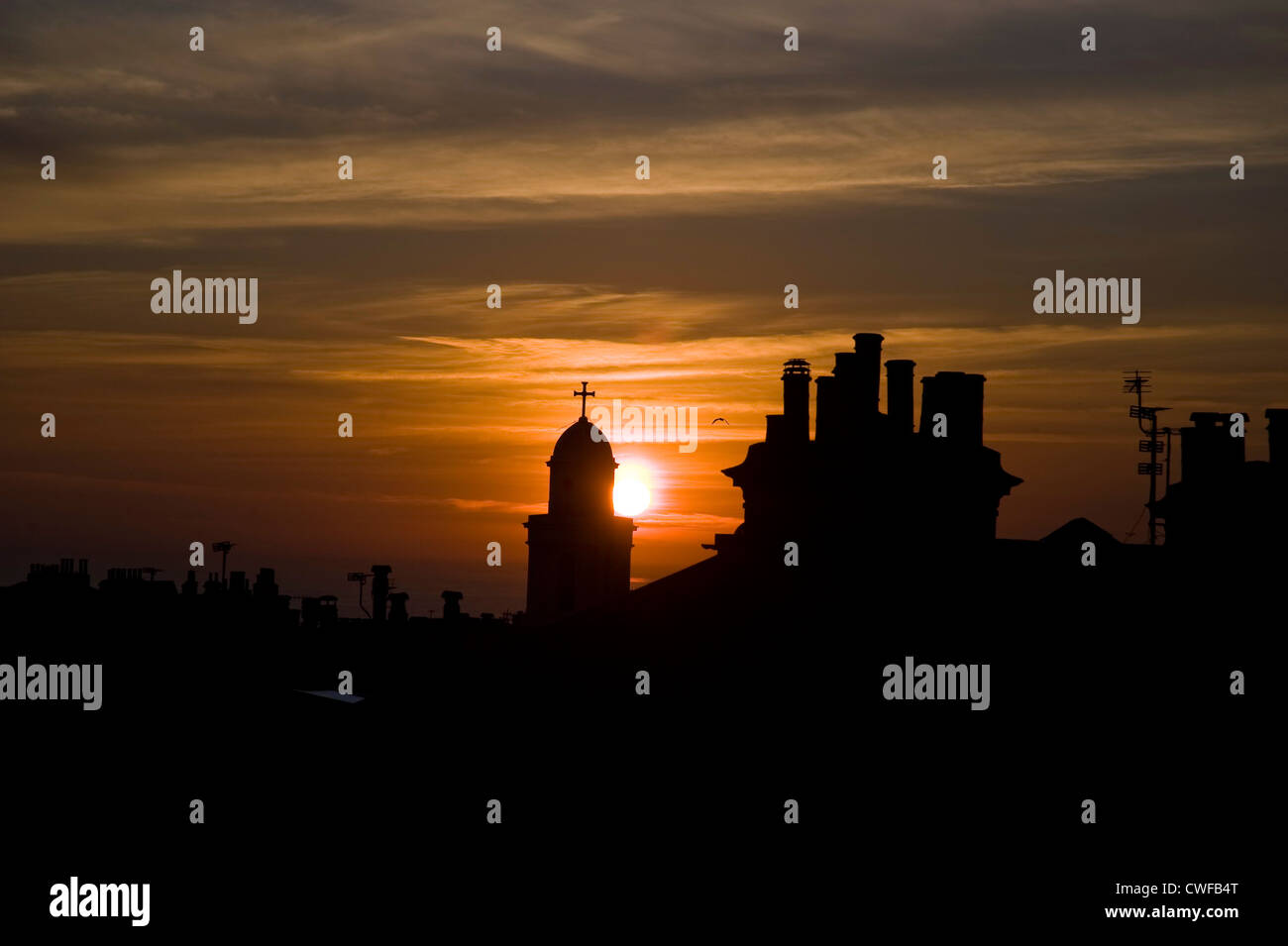 Sonnenuntergang mit einsamen Möwe hinter Kirchturm, mit Dächern und Schornsteinen, Brighton, UK Stockfoto