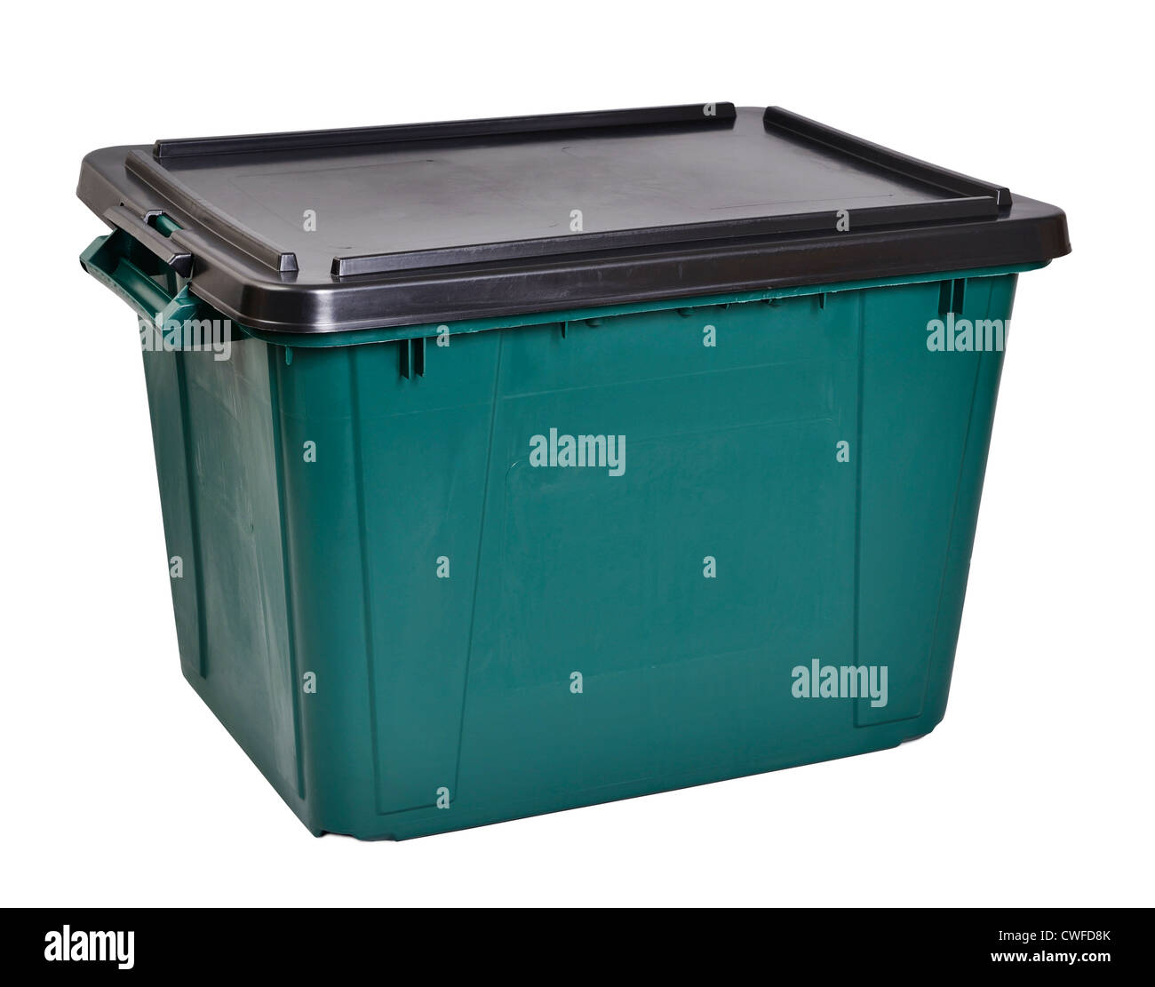 Grüne Kunststoff-Aufbewahrungsbox mit einem schwarzen Deckel Stockfoto