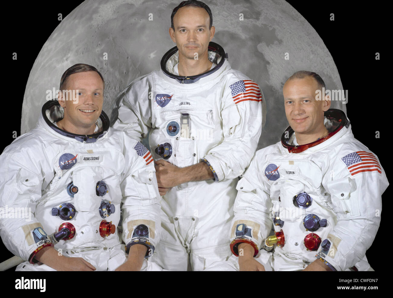 Porträt der erstklassige Besatzung der Apollo 11 Mondlandung Mission. Sie sind von links nach rechts: Commander, Neil A. Armstrong, Befehl Modul-Pilot, Michael Collins und Pilot der Mondlandefähre, Edwin E. Aldrin Jr. Die Apollo 11-Besatzung wurde die ersten Menschen, die am 20. Juli 1969 auf der Mondoberfläche landen. Stockfoto