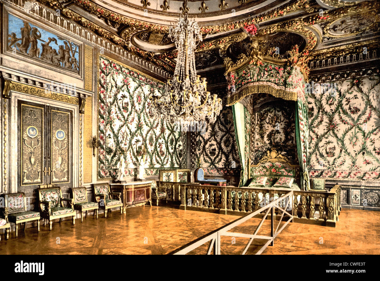 Schlafzimmer von Marie Antoinette, Schloss Fontainebleau, Frankreich, um 1900 Stockfoto