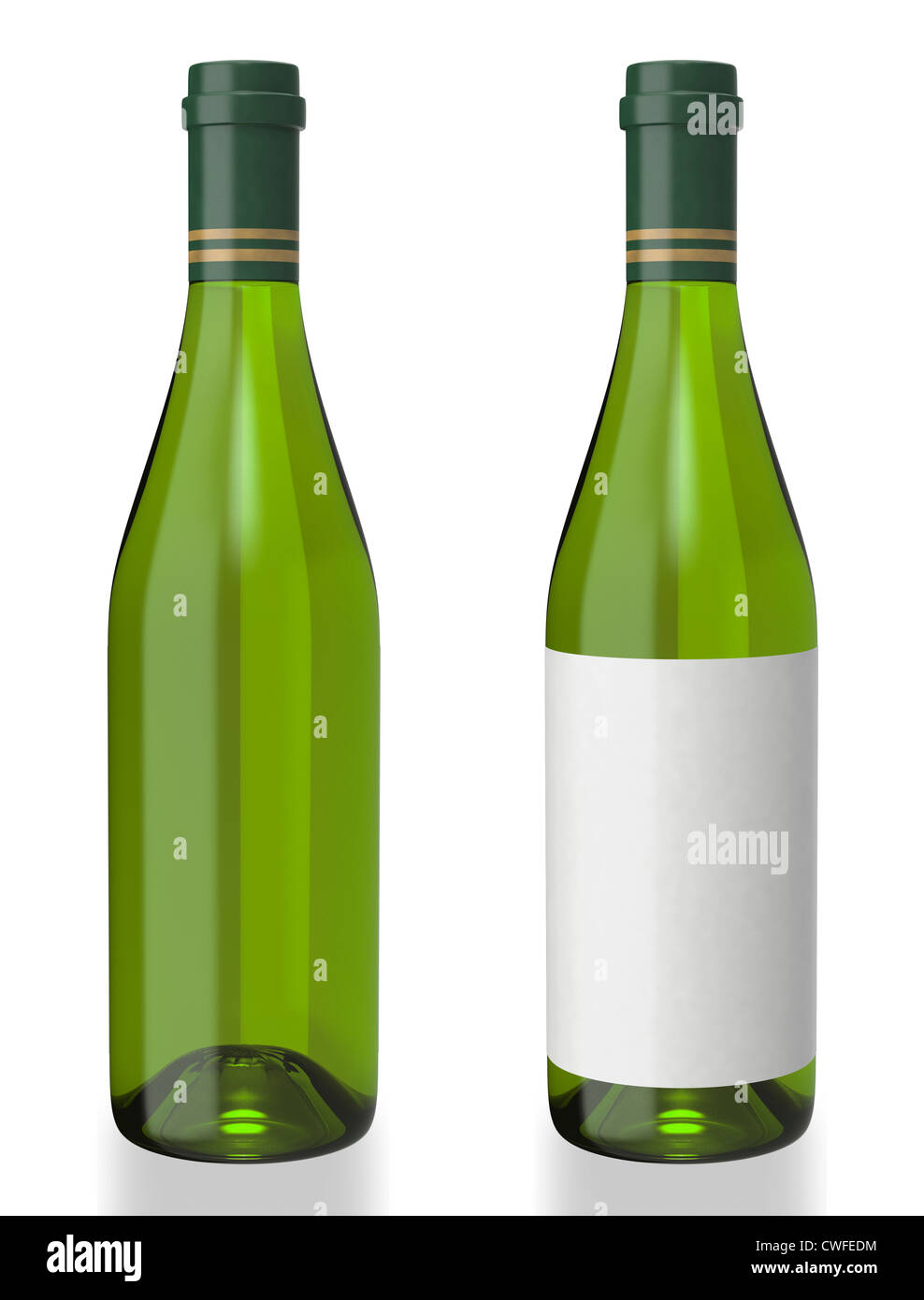 Burgunder Flasche Weisswein in grüne Glasflasche mit leere Beschriftung und keine Beschriftung auf weißem Hintergrund Stockfoto