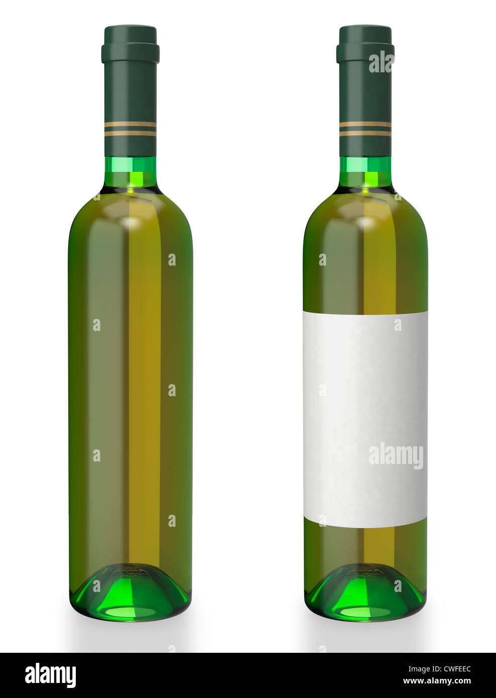 Flasche Weisswein in grüne Glasflasche mit leere Beschriftung und keine Beschriftung auf weißem Hintergrund Stockfoto