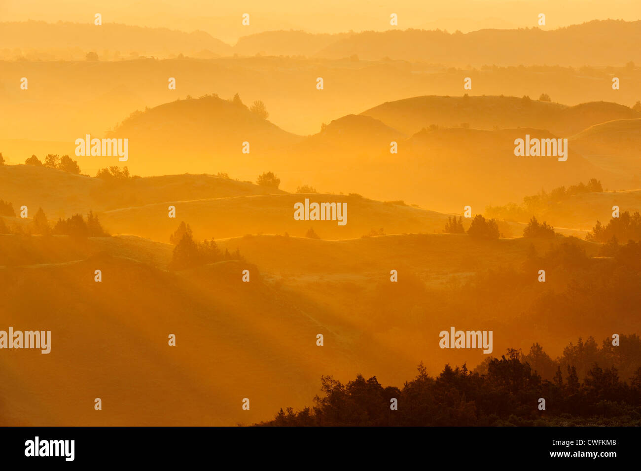 Sonnenaufgang und leichtem Nebel aus der Badlands übersehen, Theodore Roosevelt NP (South Unit), North Dakota, USA Stockfoto