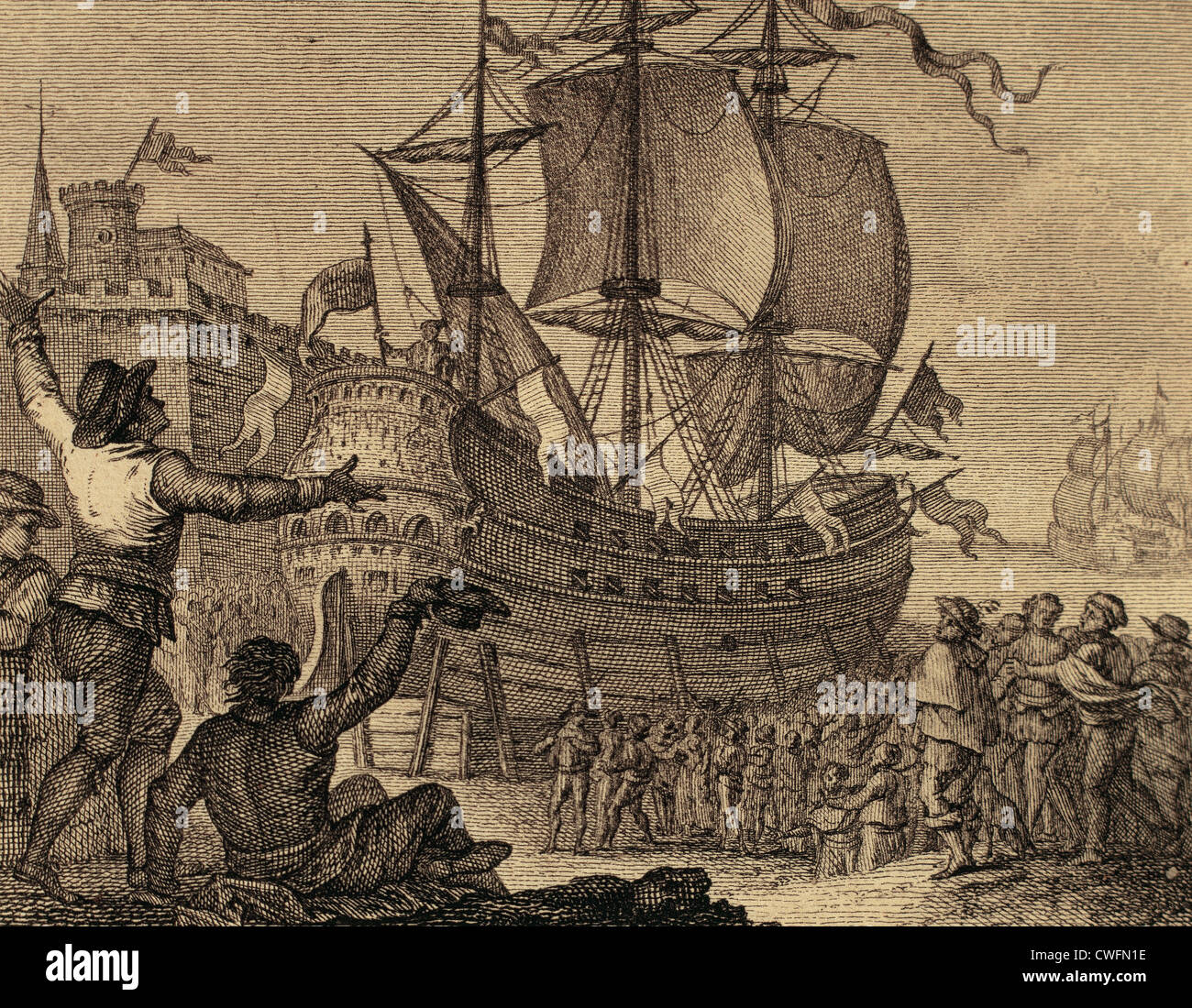 Das Schiff stationiert Victoria in Sevilla, Spanien, auf der ganzen Welt gewesen. Kupferstich, 1807. Stockfoto