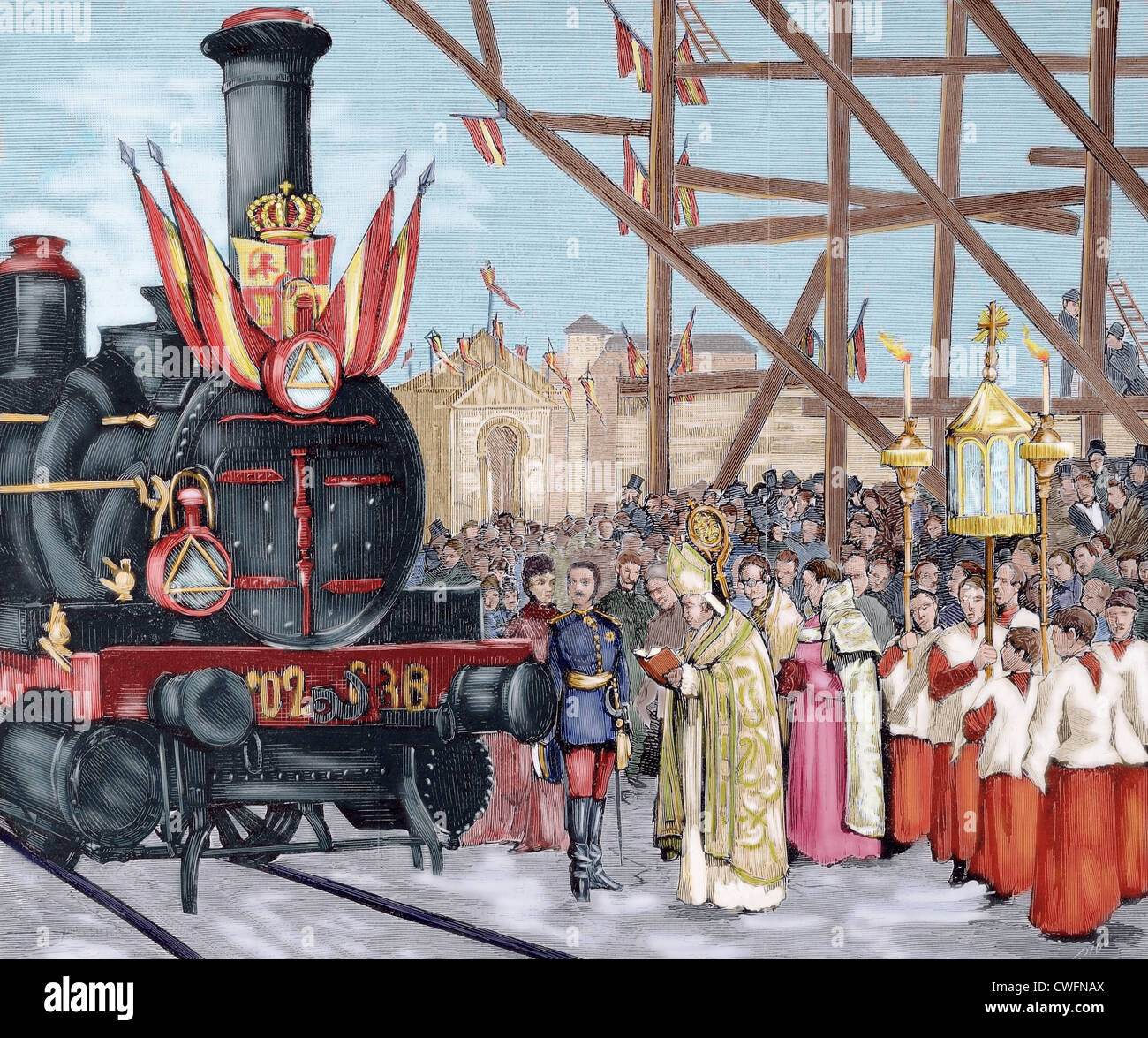 Der Kardinal-Erzbischof von Toledo segnen die Lokomotive "Badajoz" (1879), in Anwesenheit von König Alfonso XII. Stockfoto