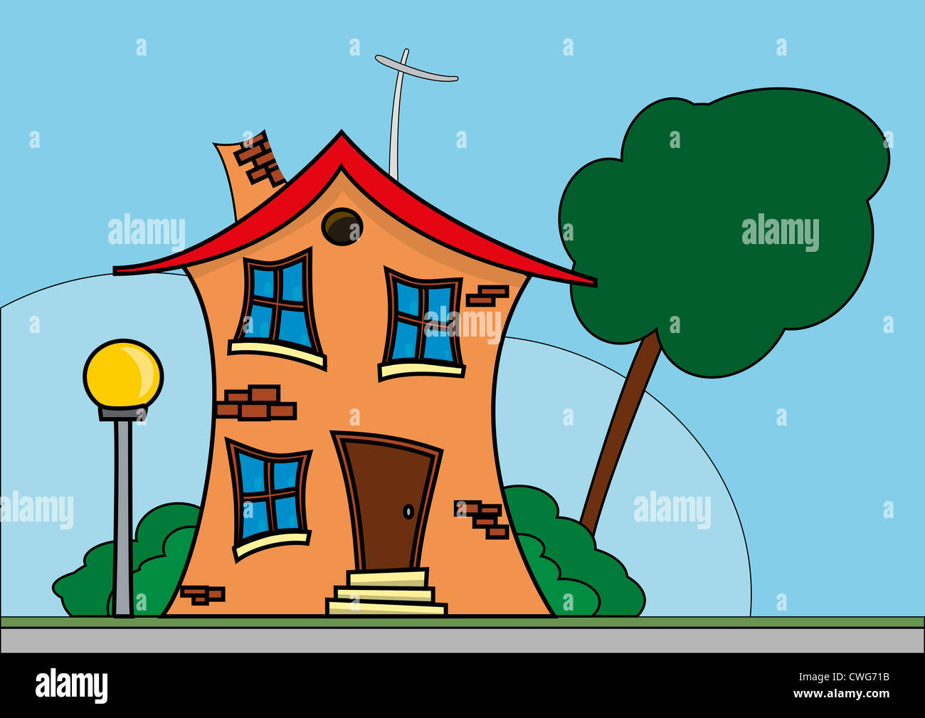 Illustration Des Comic Haus Mit Baum Und Blauer Himmel Stockfotografie Alamy