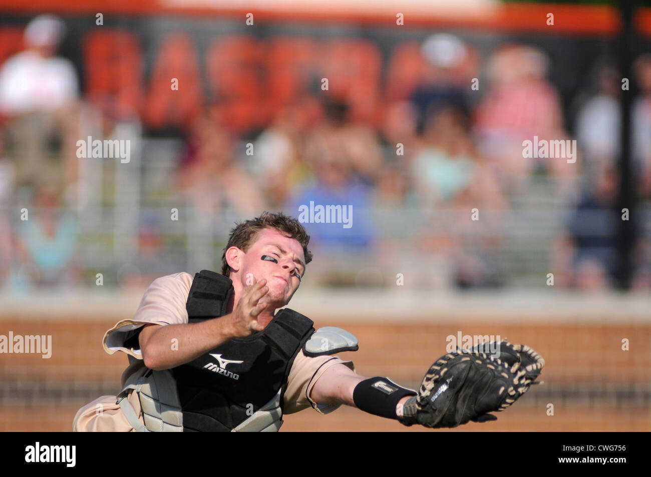 Baseball-Catcher erweitert seinen Handschuh Tauchen fangen regelwidrigen Popup während eines High School Spiel. Stockfoto