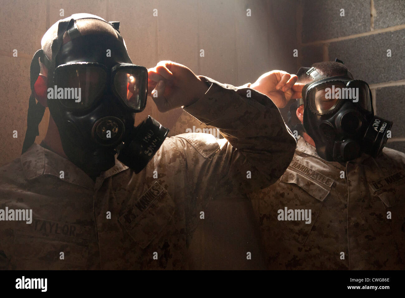 Marines brechen ihre Masken Dichtungen im Inneren eine Gaskammer kontaminiert während einer Übung auf der Marine Corps Base Quantico, Virginia 21. August 2012. Stockfoto