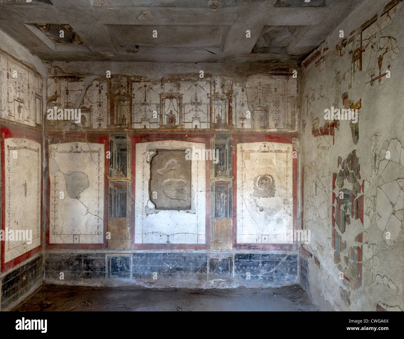 Alten römischen Wandmalerei an die ausgegrabene Stadt Pompeji Architektur in Sicht (Haus des Octavius Quartio) zeigen Stockfoto
