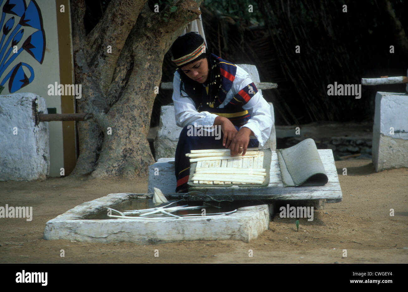 Demonstration der Herstellung von Papyrus-Papier im pharaonischen Dorf in Kairo, Ägypten Stockfoto