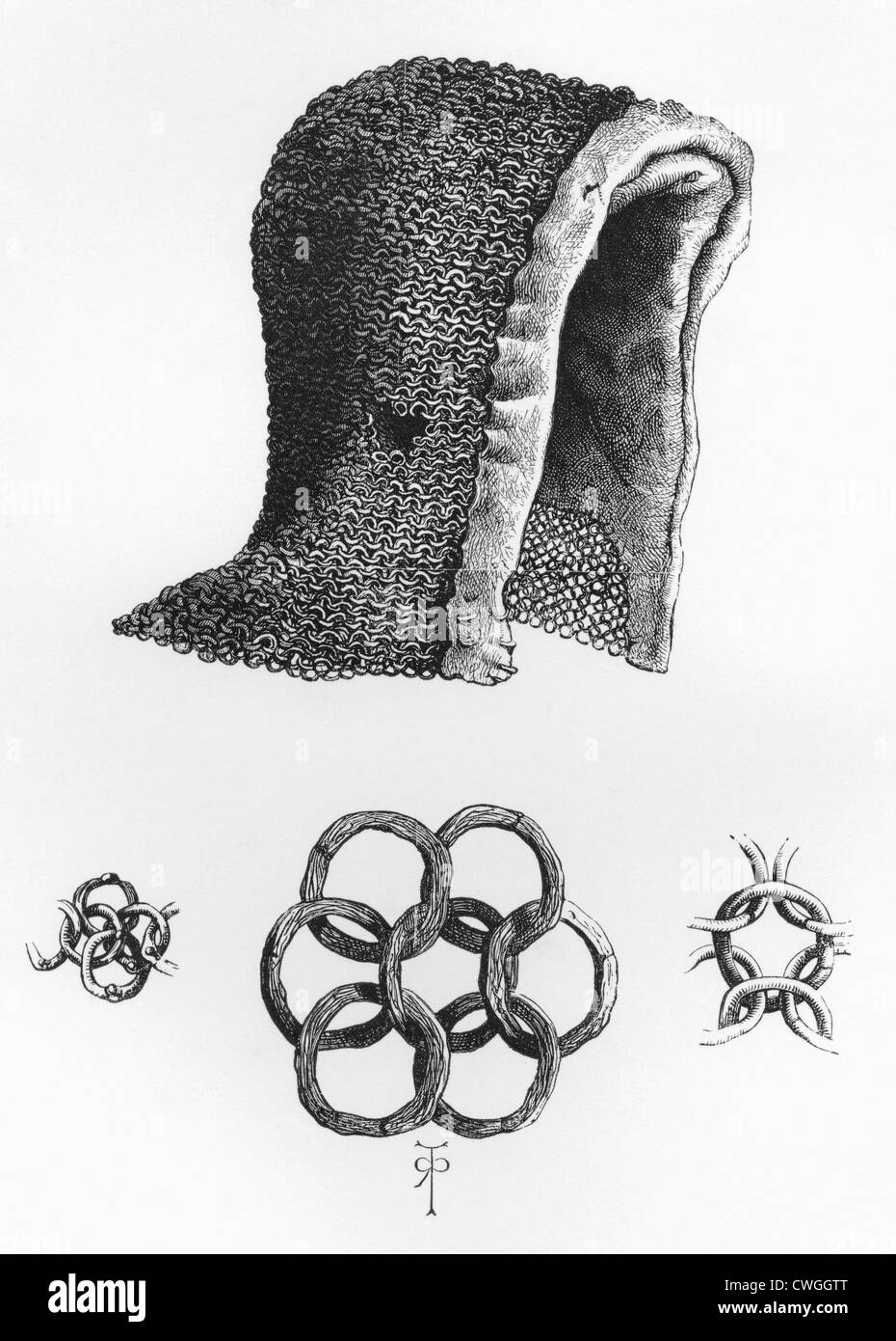 Kettenhemd-Kapuze und Beispiel von ineinandergreifenden Kettenhemd, c. n. Chr. 1120. Stockfoto