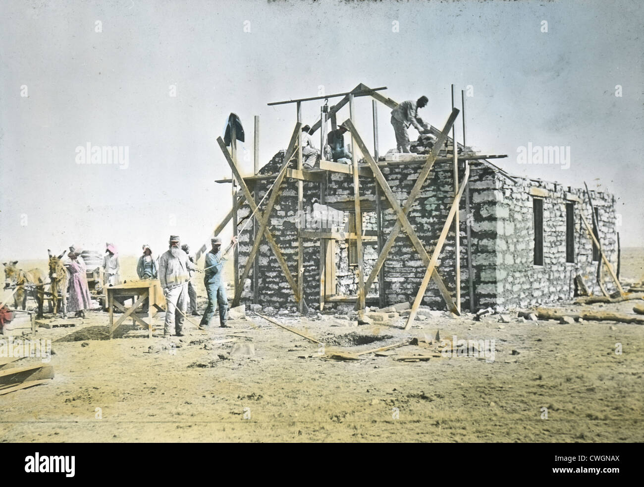 1890 Foto, Graham County, Kansas, Pioniere Sod bauen Haus Laterne schieben. Stockfoto
