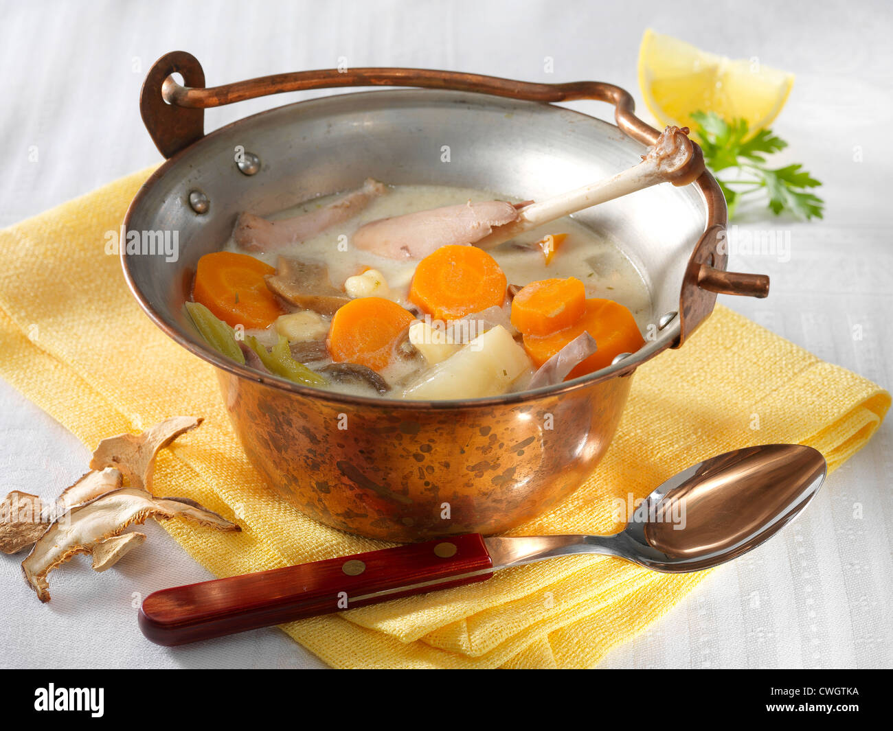 Estragon-Fasan-Suppe im Kessel auf dem weißen Tuch Stockfoto