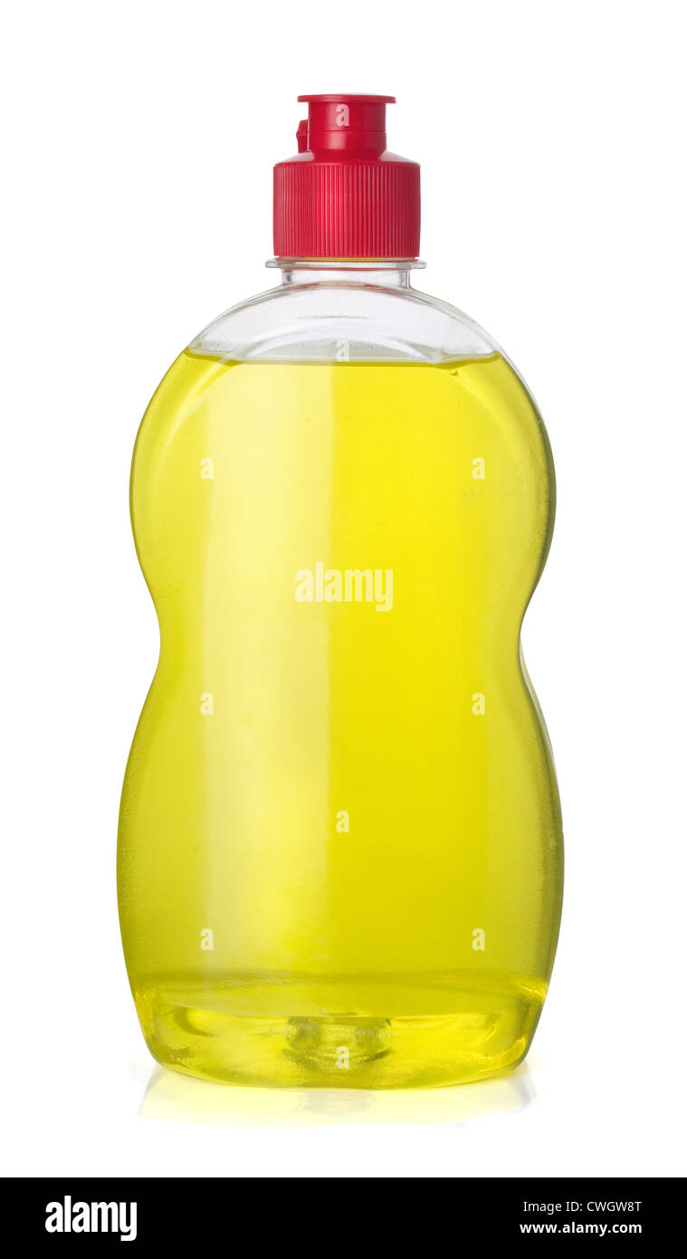 Volle Flasche gelb Spülmittel isoliert auf weiss Stockfoto