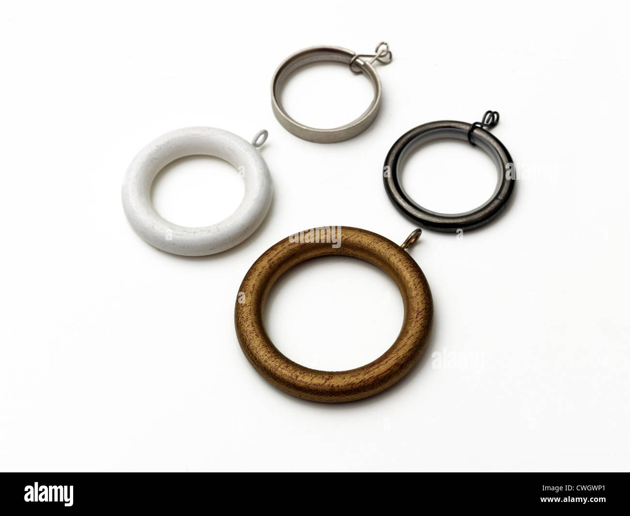 Vorhang-Ringe Metall und Kunststoff Stockfoto