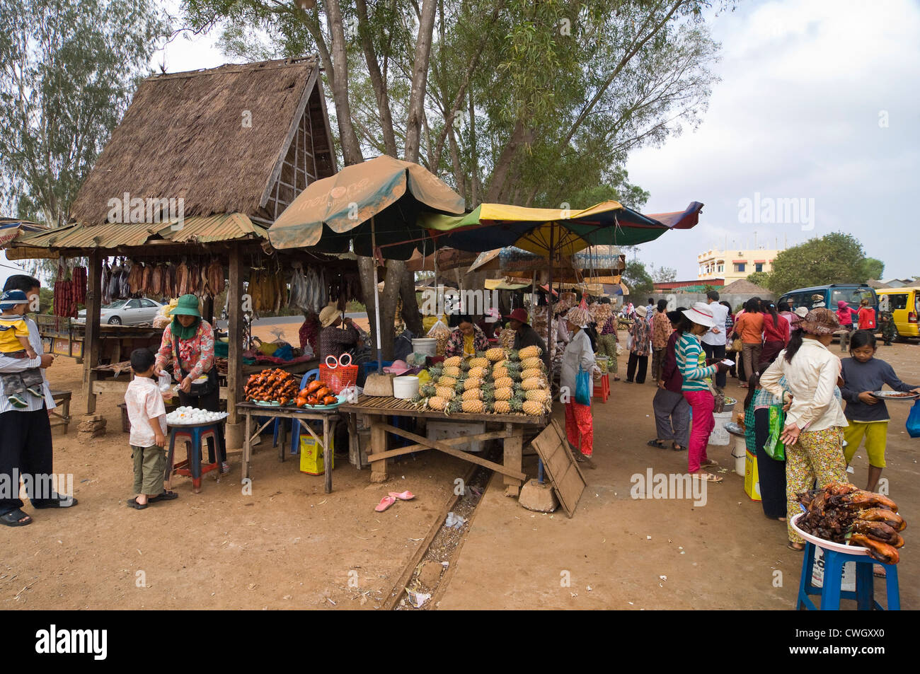 Horizontalen Weitwinkel Blick auf einen typischen Markt, der am Straßenrand verkaufen täglich produzieren in Kambodscha Stockfoto