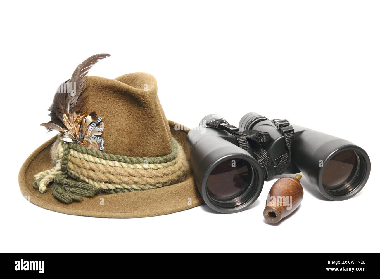 Jagdausrüstung - Hut, Fernglas und Spiel Call für Füchse Stockfoto