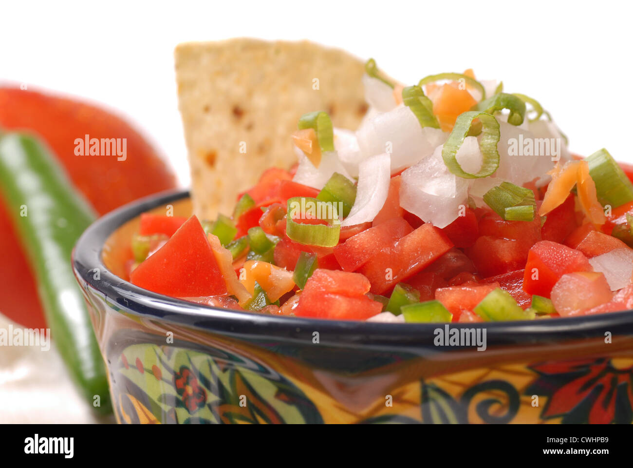 Frische würzige Salsa mit Tortilla-Chips zusammen mit den Zutaten für die salsa Stockfoto