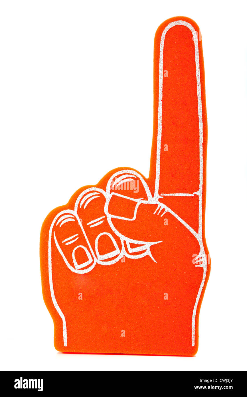 Orange-Schaum Fan Finger auf weißem Hintergrund Stockfoto